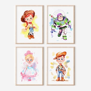 May include: Set of four watercolor illustrations featuring characters from the Toy Story franchise. The illustrations depict Woody, Buzz Lightyear, Jessie, and Bo Peep. Each character is depicted in a cartoon style with a watercolor background.