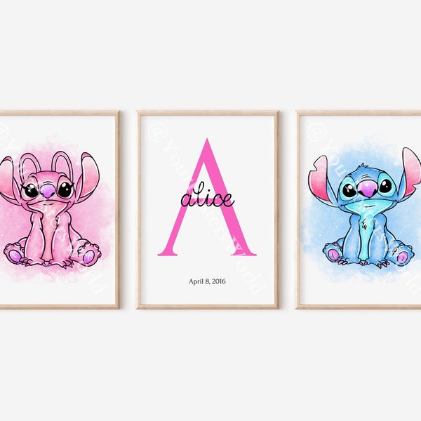 Personalized Lilo and Angel Watercolor Art, Nursery Room Wall Decor Gifts, Custom Initial Name Print, Stitch Painting, Wall Art Gift Poster