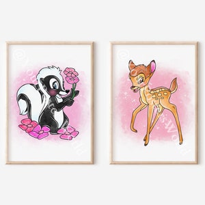 Set Of 2 Nursery Bambi Posters - Watercolor Prints for Kids, Bambi Wall Hangings, Bambi and Friends, Baby Room Showers, Party Decor Wall Art
