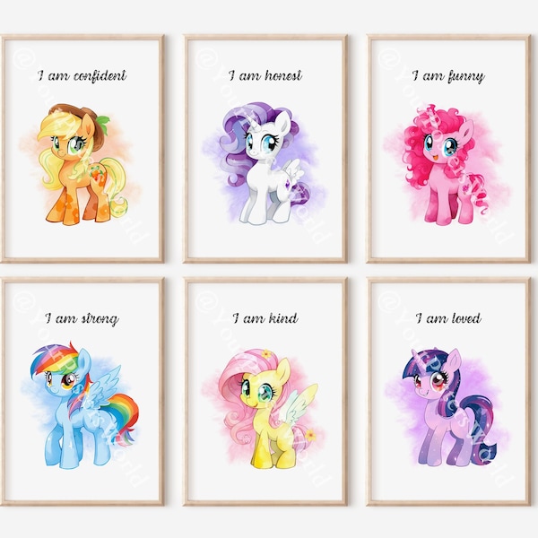 Little Pony Set of 6 Watercolor Prints - Nursery Room Digital Decor - Princess Ponies Wall Art - Kids Room Decor - Printable Birthday Gift