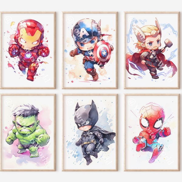 Cute Superhero Printable Prints - Superhero Wall Art Digital Decor - Nursery Room Decor - Art Gallery Wall, Set of 6 Chibi Superhero Posters