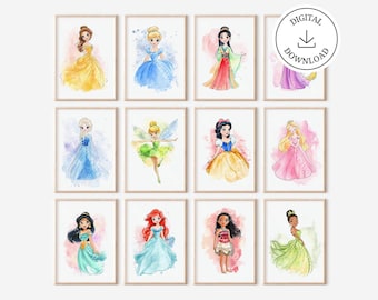 Prinsessen Set van 12 posters - Afdrukbaar Wall Art Decor - Girl Room Decor - Princess Theme Room - Princess Nursery - Digital Bedroom Decor