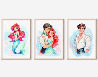 Set Of 3 Ariel Mermaid Digital Posters - Cute Printable Posters - Nursery Wall Decor - Girl Room Wall Decoration - Princess Watercolor Art