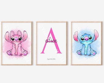 Arte personalizado de acuarela de Lilo y Angel, regalos de decoración de pared de sala de guardería, impresión de nombre inicial personalizada, pintura de puntada, póster de regalo de arte de pared