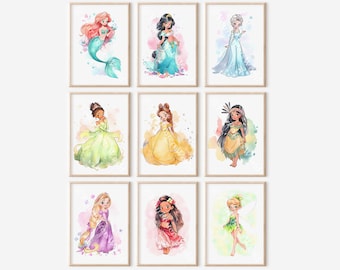 Prinsessen Set van 9 posters - Afdrukbaar Wall Art Decor - Girl Room Decor - Princess Theme Room - Princess Nursery - Digital Bedroom Decor
