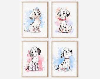 May include: Set of four printable illustrations featuring cartoon Dalmatian puppies with watercolor backgrounds. Each puppy is sitting and has a different expression. The backgrounds are in shades of blue and pink.