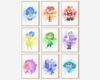 Inside Out 2 Charaktere, druckbares Kunstdekor für Kinderzimmer – digitale Poster, Aquarellspritzer – Freude, Angst, Nostalgie, Neid, Peinlichkeit