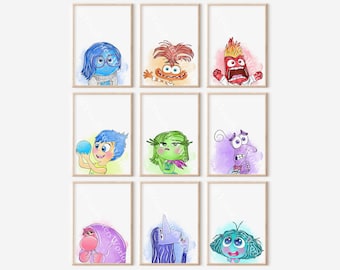 May include: Set of nine printable art prints featuring characters from the animated film Inside Out. Each print features a different character, including Joy, Sadness, Anger, Fear, Disgust, Bing Bong, and the Thought Bubbles. The prints are in a watercolor style and are perfect for adding a touch of whimsy to any room.
