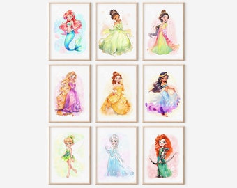 Prinsessen set van 9 posters | Afdrukbare Wall Art Decor | Decor van de meisjeskamer | Prinses Themakamer | Prinsessenkamer | Digitaal slaapkamerdecor