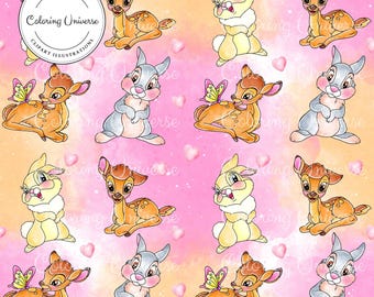 Op de afbeelding: Een naadloos patroon met een herhalend ontwerp van cartoonfiguren Bambi en Thumper. De achtergrond is een roze en oranje aquarelwas met verspreide harten.