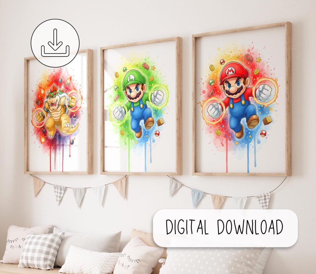 Cute Set of 3 Super Mario Posters - Super Mario Painting, Mario Wall ...