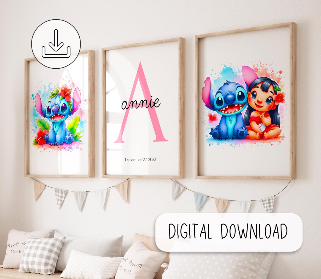 Stitch R Initial Personalized Lilo and Stitch Watercolor Art, Nursery Room Wall Decor ...