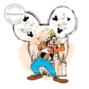 Op de afbeelding: Een cartoonillustratie van Goofy voor een geschetste omtrek van Mickey Mouse's oren en een kasteel. Goofy draagt zijn kenmerkende blauwe broek, oranje shirt en gele hoed. De achtergrond is een aquarel in bruin en oranje tinten.