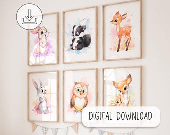 Set Of 6 Bambi Characters - Watercolor Bambi Poster - Nursery Room Digital Decor - Printable Bambi Wall Art - Kids Room Decor - Birthday Gift