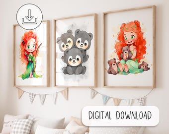 Affiche aquarelle Mérida – Impressions numériques – Décoration murale pour chambre d'enfant – Décoration de chambre d'enfant – Aquarelle imprimable princesse
