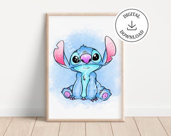 Lilo and Stitch Watercolor Art Print - Lilo and Stitch Printable Poster - Nursery Room Digital Wall Decor - Ohana Means Family Poster