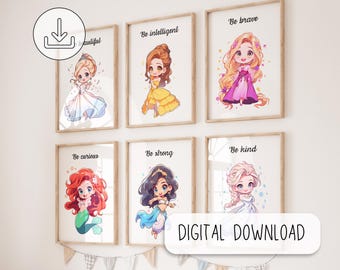 Könnte beinhalten: Sechs druckbare digitale Kunstdrucke mit Disney-Prinzessinnen im Chibi-Stil mit inspirierenden Zitaten. Die Drucke zeigen Belle, Cinderella, Rapunzel, Arielle, Jasmin und Elsa. Jeder Druck hat ein anderes Zitat, wie "Sei intelligent", "Sei mutig", "Sei neugierig", "Sei stark", "Sei freundlich" und "Sei schön".