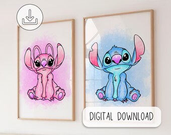 Lilo and Stitch Watercolor Art Print - Lilo and Stitch Printable Poster - Nursery Room Digital Wall Decor - Ohana Means Family Poster