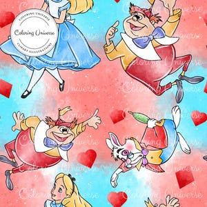 Alice in Wonderland Seamless Pattern - Sublimation File - Cheshire Cat Digital Paper, Mad hatter Scrapbooking File, Cartoon Seamless Pattern