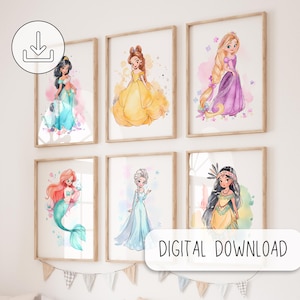Set de 6 carteles Princesas | Decoración de pared imprimible | Decoración de habitación de niña | Habitación temática de princesa | Guardería de princesas | Decoración digital del dormitorio