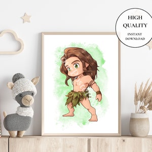 May include: A digital illustration of a cartoon character, a young man with long brown hair, wearing a green loincloth, standing on a green watercolor background.