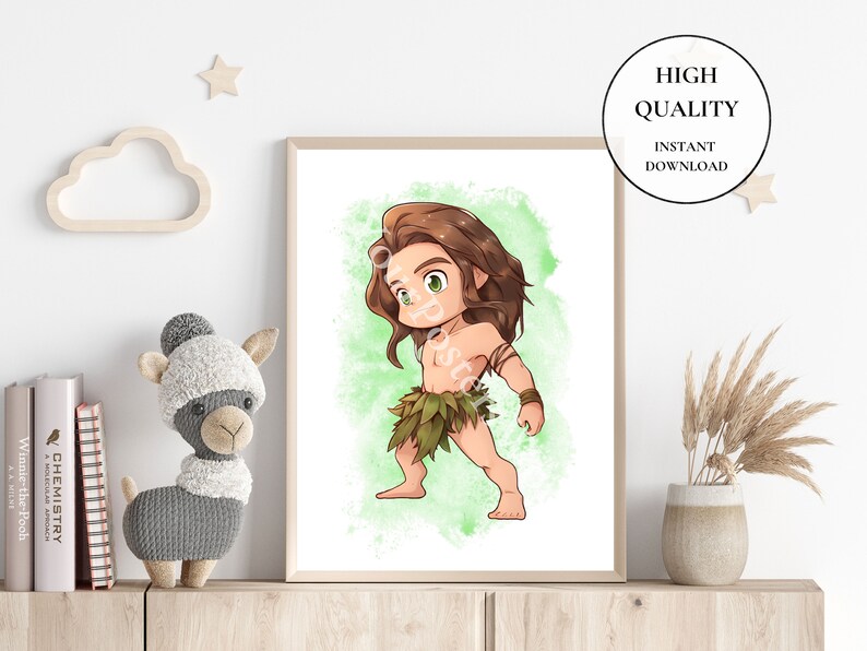 May include: A digital illustration of a cartoon character, a young man with long brown hair, wearing a green loincloth, standing on a green watercolor background.