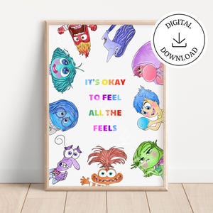 Inside Out 2 personnages, décor d’art imprimable pour chambre d’enfant - affiches numériques aquarelle Splash - Its Okay To Feel Feels, impression de devis personnalisée