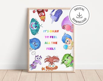 Inside Out 2 Charaktere, druckbares Kunstdekor für Kinderzimmer – digitale Poster mit Aquarell-Spritzer – „Its Okay To Feel Feels“, individueller Zitatdruck