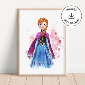 May include: Watercolor illustration of a character in a blue dress with a purple cape. The image is framed in a light wood frame. The words "DIGITAL DOWNLOAD" are in a circle in the upper right corner.