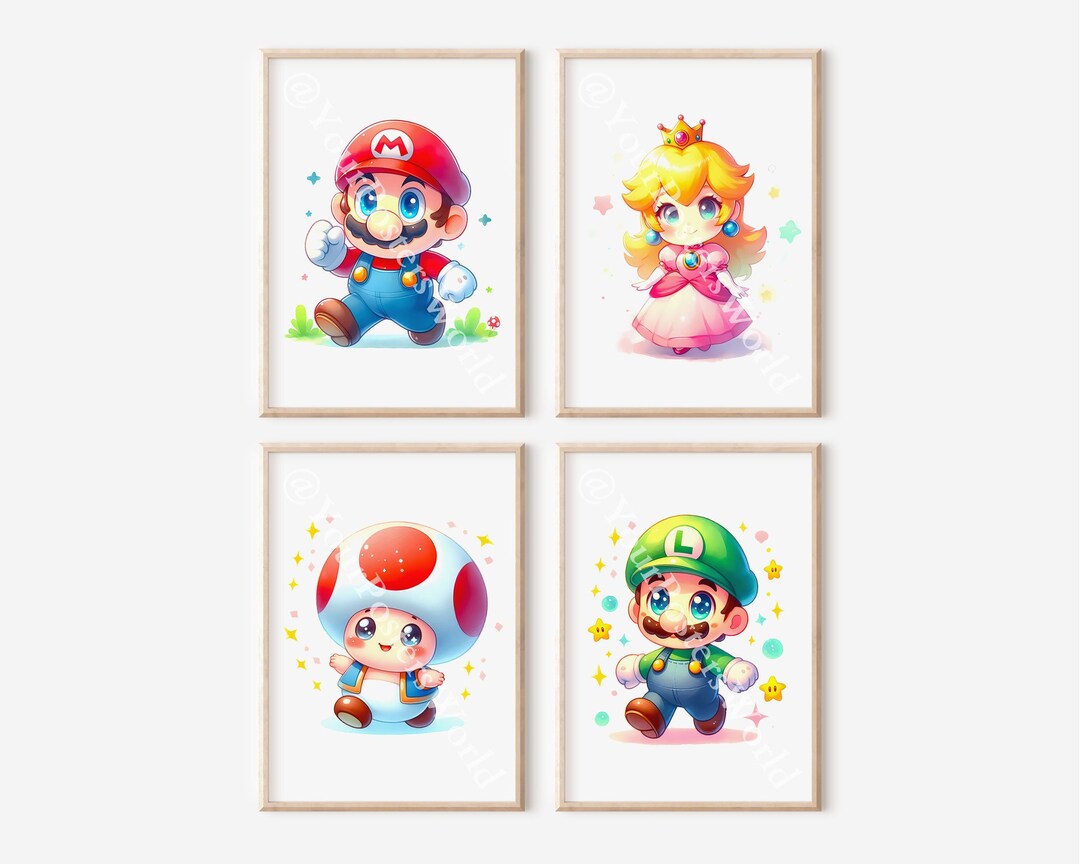 Cute Set of 4 Super Mario Posters - Super Mario Painting, Mario Wall ...