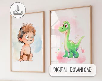 Cute Set Of Good Dinosaur Characters - Nursery Room Digital Wall Art - Kids Room Nursery Print - Watercolor Effect, Children Printable Decor