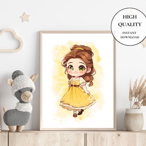 May include: A digital illustration of Belle from Beauty and the Beast in a yellow dress with a watercolor background.