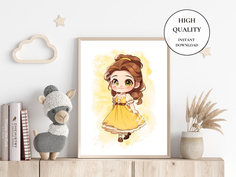 May include: A digital illustration of Belle from Beauty and the Beast in a yellow dress with a watercolor background.