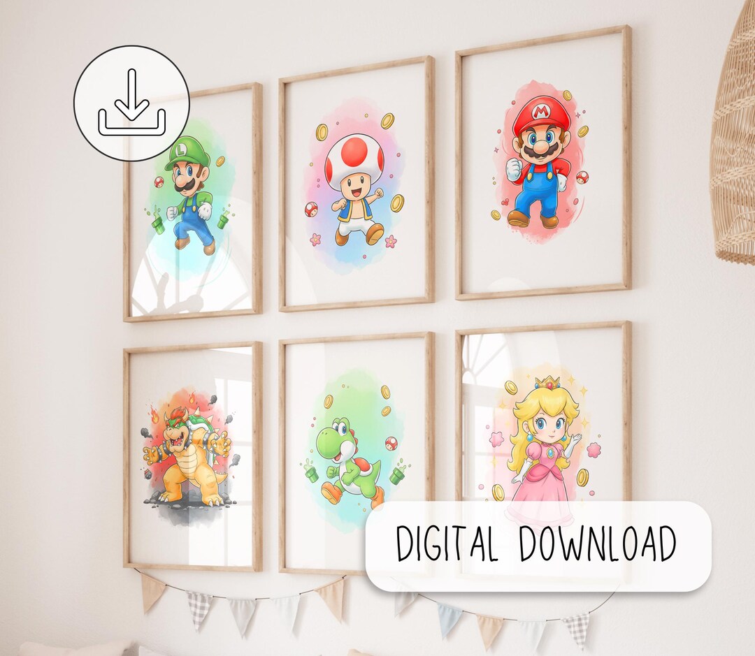 Cute Set of 6 Super Mario Posters, Super Mario Painting - Mario Wall ...