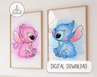 Lilo and Stitch Watercolor Art Print - Lilo and Stitch Printable Poster - Nursery Room Digital Wall Decor - Ohana Means Family Poster