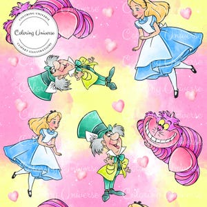 Alice in Wonderland Seamless Pattern - Sublimation File - Cheshire Cat Digital Paper, Mad hatter Scrapbooking File, Cartoon Seamless Pattern