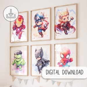 Lindas impresiones imprimibles de superhéroes - Decoración digital de arte de pared de superhéroes - Decoración de la habitación de la guardería - Pared de la galería de arte, conjunto de 6 carteles de superhéroes Chibi