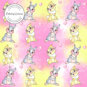 May include: A seamless pattern featuring a repeating design of cartoon bunnies with pink and yellow watercolor backgrounds. The bunnies are in two color variations: gray and yellow. The background has a soft, dreamy look with pink and yellow watercolor washes.