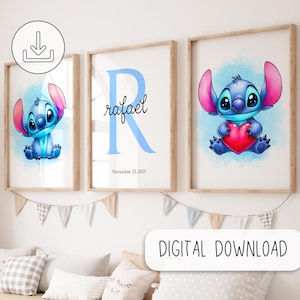 Arte de acuarela personalizado de Lilo y Stitch, regalos de decoración de pared para habitación de bebé, impresión de nombre inicial personalizada, pintura de puntada, póster de regalo de arte de pared