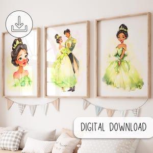Set Of 3 Princess Tiana Digital Posters - Cute Printable Posters - Nursery Wall Decor -Girl Room Wall Decoration -Princess Watercolor Art