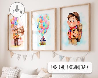 Set Of 3 Up Movie Digital Posters - Cute Printable Posters - Nursery Wall Decor - Kids Room Decoration - Watercolor Art -Balloon House Print