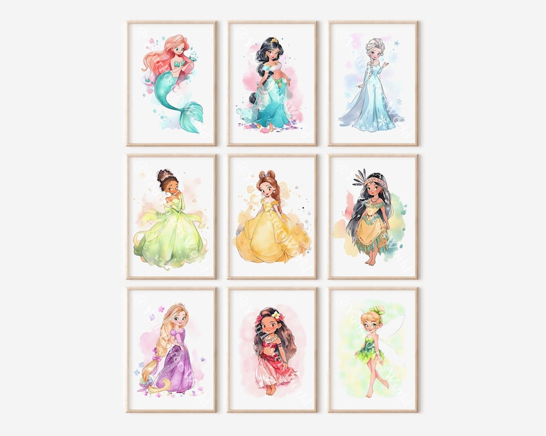 May include: Nine framed watercolor prints featuring Disney princesses. Each print showcases a different princess in a colorful, whimsical style. The princesses are depicted in their iconic outfits, with soft watercolor backgrounds.