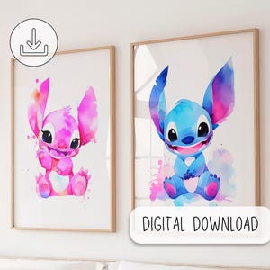 Lilo and Stitch Watercolor Art Print - Lilo and Stitch Printable Poster - Nursery Room Digital Wall Decor - Ohana Means Family Poster