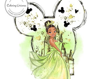 Prinses Afdrukbare Decoratie - Prinses Kikker Kamer, Digitale Slaapkamer Decoratie, Tiana Slaapkamer - Transparante Achtergrond - Sublimatie Aquarel Ontwerp