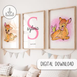 Personalisierte Bambi Poster - Kinderzimmer Aquarell Kunstmalerei - Personalisierter Namensdruck - WandKunst Geschenk Poster - Bambi und Freunde