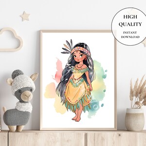 May include: A framed illustration of a Native American girl in a yellow dress with turquoise accents. The artwork features a watercolor background and the text "HIGH QUALITY INSTANT DOWNLOAD" in a circular design.