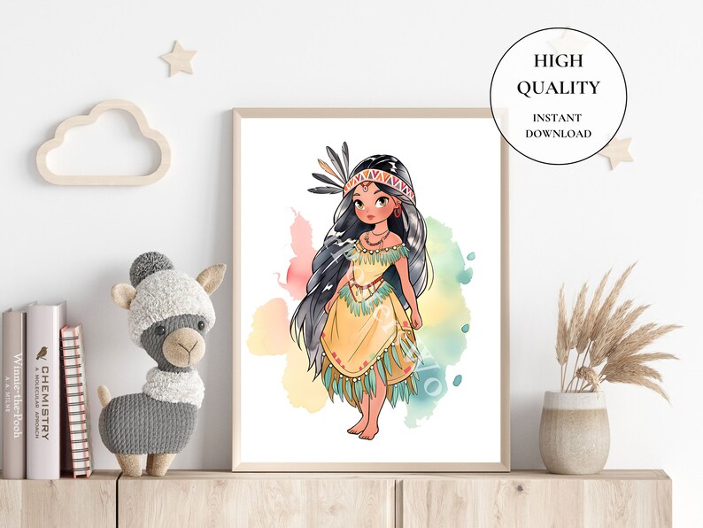 May include: A framed illustration of a Native American girl in a yellow dress with turquoise accents. The artwork features a watercolor background and the text "HIGH QUALITY INSTANT DOWNLOAD" in a circular design.