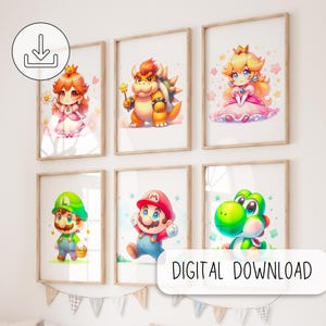 May include: Set of six digital prints featuring cartoon characters from the Super Mario franchise. The prints feature Mario, Luigi, Peach, Bowser, Yoshi, and a pink princess. The prints are in a cartoon style with bright colours and simple designs.