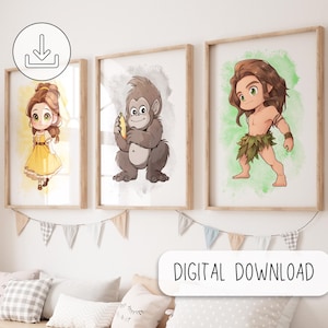 May include: Three digital prints featuring cartoon characters. The first print shows Belle from Beauty and the Beast, the second print shows a gorilla, and the third print shows Tarzan from the Disney movie Tarzan.
