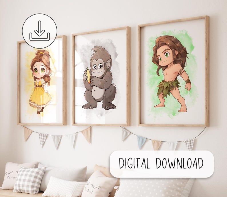 May include: Three digital prints featuring cartoon characters. The first print shows Belle from Beauty and the Beast, the second print shows a gorilla, and the third print shows Tarzan from the Disney movie Tarzan.